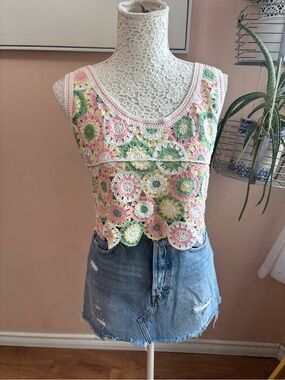 Handmade Crochet Floral Cropped Camisole - Pink, Green & Cream